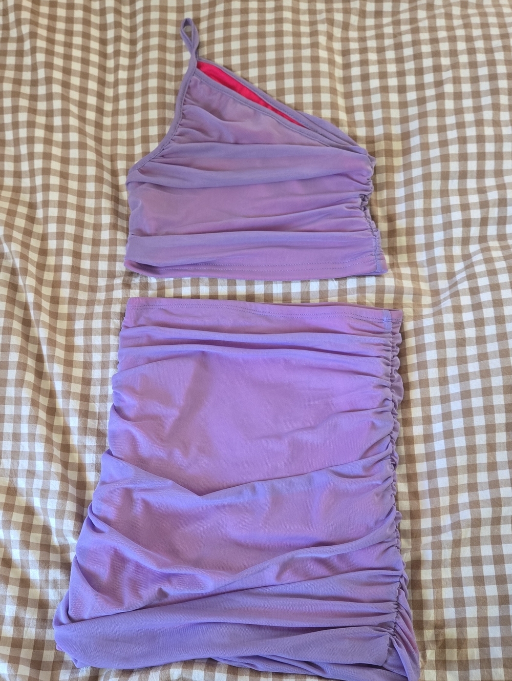 SHEIN Lavender One-Shoulder Ruched Skirt Set